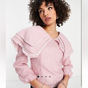 Sister Jane pink floral jacquard blouse with beaded oversized colllar